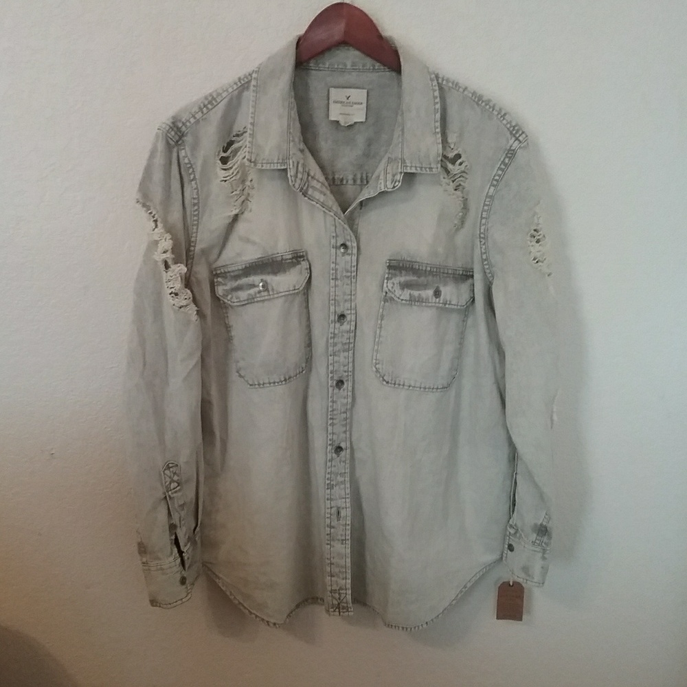 Distressed  denim button up